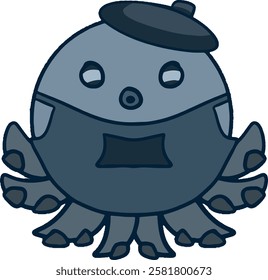 Blue octopus vector illustration wearing a beret with cartoon style