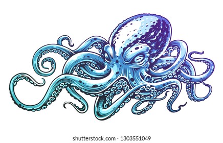 Blue Octopus Vintage Vector Art isolated on white. Engraving style vector illustration of octopus. 