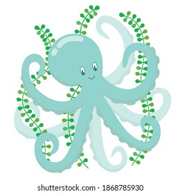 Blue octopus with water plants, cute cartoon character. Cute octopus with 8 tentacles, vector illustration for children, isolate print design on white