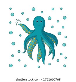 Blue octopus waving hi surrounded with bubbles. Vector illustration in cartoon style