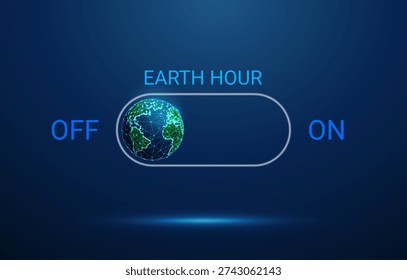 Blue OFF button with planet Earth. Environmental awareness, Earth Hour initiative, global sustainability, eco-friendly behavior, environmental responsibility concept. Futuristic digital style. Vector.