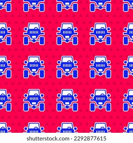 Blue Off road car icon isolated seamless pattern on red background. Jeep sign.  Vector