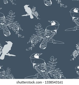 Blue and off white seamless vector background with elements of birds and leaves. Perfect for fabric, home decor, gift wrapping paper, wall paper, invitations, scrapbooking, quilting and projects.