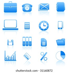 Blue office and business icons set