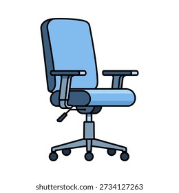 A blue office chair with adjustable height and armrests on a wheeled base. Vector