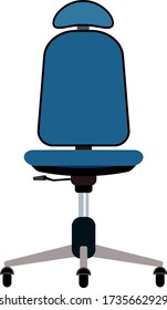 Blue office chair with headrest vector illustration. Furniture with rolls and all equipment tor it. Object isolated on white