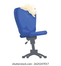 A cadeira de escritório azul está manchada com tinta branca, insinuando um acidente confuso