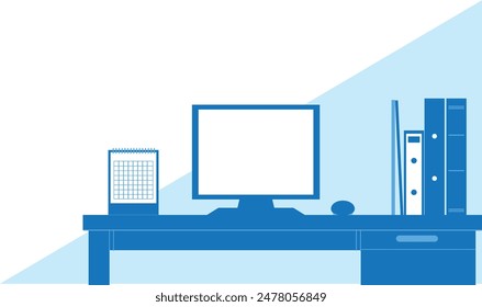 Escritorio de oficina azul con computadora y material de ilustración