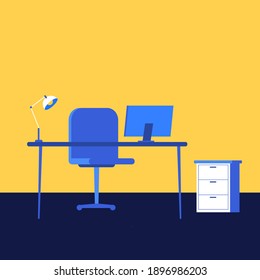 Ilustración de diseño plano del escritorio de oficina azul. Mesa, computadora, silla y lámpara. Espacio de trabajo cómodo. Diseño vectorial aislado por fondo amarillo.