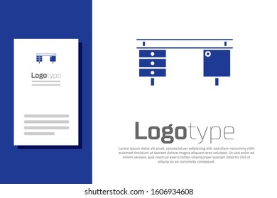 Blue Office desk icon isolated on white background. Logo design template element. Vector Illustration