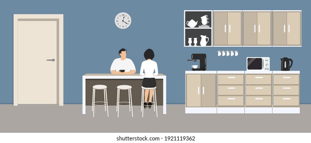 Blue Office Kitchen. Dining Room In The Office. Employees Are Sitting At The Table. Coffee Break. There Are Kitchen Cabinets, A Microwave, A Kettle And A Coffee Machine In The Image. Vector