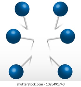 Blue office round push pins. 3d push pin. Set vector realistic office attach button.