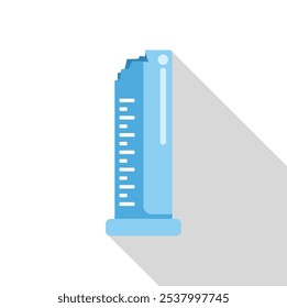 Rascacielos de oficinas azules con algunas de sus ventanas rotas, posiblemente debido a un terremoto