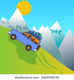 A blue off-road car climbs the mountains. Vector illustration snowy peaks and scorching sun in the background. In the car the father is driving and the son is looking at the map in the back seat. Good