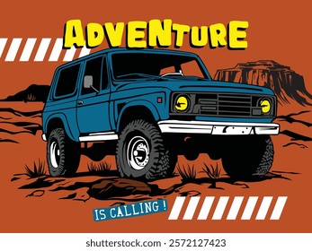 Blue off-road SUV with bold adventure text driving through desert terrain. Exploration concept,vector illustration
