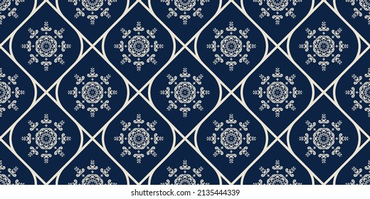 Blue Ogee Damask Seamless Floral Pattern vector illustration. Art ornament print. Mandala Design for carpet, wallpaper, clothing, wrapping, fabric, cover, textile