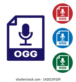 Blue OGG file document icon. Download ogg button icon isolated on white background. OGG file symbol. Set color icon in circle buttons. Vector Illustration