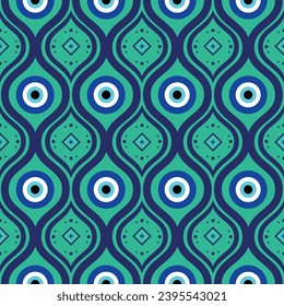 Blue ogival vector seamless pattern texture with nazar evil eye. Protection against envy and bad luck. Suitable for fabric. Colored navy blue, light blue, white, turquoise and black.