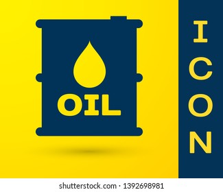 Blue Oil barrel icon isolated on yellow background. Oil drum container. For infographics, fuel, industry, power, ecology. Vector Illustration