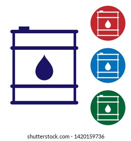 Blue Oil barrel line icon isolated on white background. Oil drum container. For infographics, fuel, industry, power, ecology. Set color icon in circle buttons. Vector Illustration