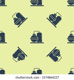 Blue Oil and gas industrial factory building icon isolated seamless pattern on yellow background.  Vector Illustration