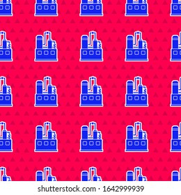 Blue Oil and gas industrial factory building icon isolated seamless pattern on red background.  Vector Illustration