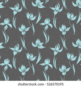 Blue oil painted iris silhouette on dark gray background. Vector illustration. Floral hand drawn design elements. 