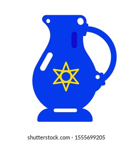Blue oil pitcher with Star of David in centre illustration. Hanukkah traditional jug flat vectorn. Jewish religious utensil for ceremony. Hebrew festive element isolated on white background