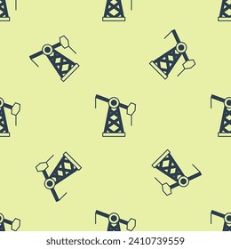 Blue Oil pump or pump jack icon isolated seamless pattern on yellow background. Oil rig.  Vector