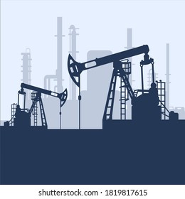 Blue oil pump jack silhouette and factory view. Petroleum industry. Vector template for web, infographics or interface design. Oil and gas market. Energy business and environmental problems