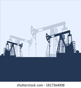 Blue oil pumpjack silhouette on white background. Petroleum industry. Vector template for web, infographics or interface design. Oil and gas market. Energy business and environmental problems
