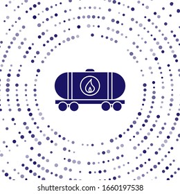 Blue Oil railway cistern icon isolated on white background. Train oil tank on railway car. Rail freight. Oil industry. Abstract circle random dots. Vector Illustration
