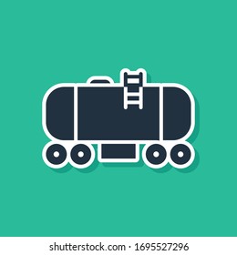 Blue Oil railway cistern icon isolated on green background. Train oil tank on railway car. Rail freight. Oil industry.  Vector Illustration