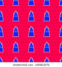 Plataforma de aceite azul con icono de fuego aislado sin fisuras en fondo rojo. Accidente de incendio. Torre de gas. Objeto industrial. Ilustración vectorial