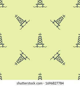 Blue Oil rig with fire icon isolated seamless pattern on yellow background. Gas tower. Industrial object.  Vector Illustration