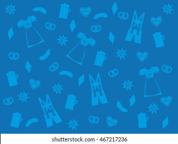 blue oktoberfest background with light blue traditional symbols, lederhosen, dirndl, beer, pretzel, edelweiss