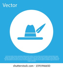 Blue Oktoberfest hat icon isolated on blue background. Hunter hat with feather. German hat. White circle button. Vector Illustration