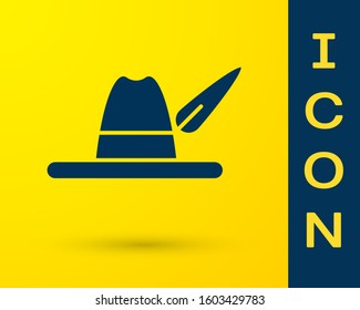 Blue Oktoberfest hat icon isolated on yellow background. Hunter hat with feather. German hat.  Vector Illustration