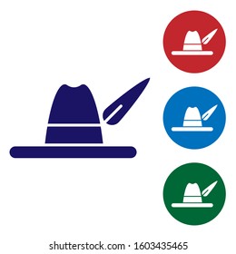 Blue Oktoberfest hat icon isolated on white background. Hunter hat with feather. German hat. Set color icons in circle buttons. Vector Illustration