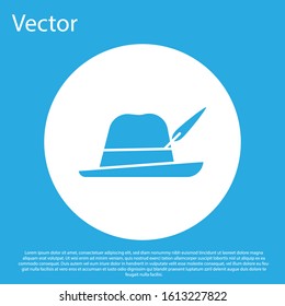 Blue Oktoberfest hat icon isolated on blue background. Hunter hat with feather. German hat. White circle button. Vector Illustration