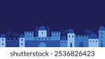 Blue old biblical city scene banner. Seamless pattern border. Use for copy space, poster design and more.