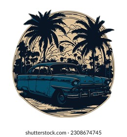 blaues altes Auto auf der Vintage-Illustration Strand, Sommerferien-Shirt-Design