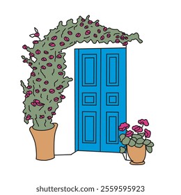 Blue old door with flowers