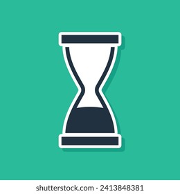 Blue Old hourglass with flowing sand icon isolated on green background. Sand clock sign. Business and time management concept.  Vector