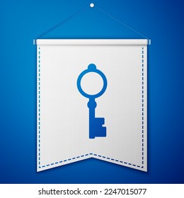 Blue Old key icon isolated on blue background. White pennant template. Vector Illustration