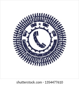 Blue old phone icon inside distress grunge seal