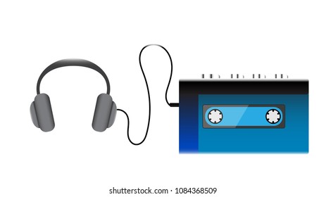 Blue old retro vintage antique hipster realistic voluminous portable music cassette audio player for playing audio cassettes from the 80's, 90's and black headphones. Vector illustration