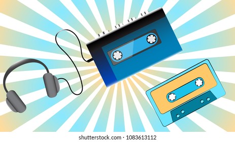 Blue old retro vintage hipster portable music cassette audio player for audiocassettes from the 80's, 90's, audio cassettes and headphones against the blue rays. Vector illustration