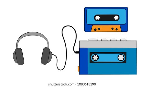 Blue old retro vintage hipster portable music cassette audio player for audio cassettes from the 80's, 90's, audio cassette and headphones on a white background. Vector illustration