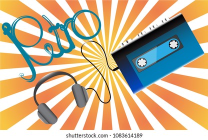 Blue old retro vintage hipster realistic voluminous portable music cassette audio player for audiocassettes from the 80's, 90's and headphones on a background of yellow rays. Vector illustration
